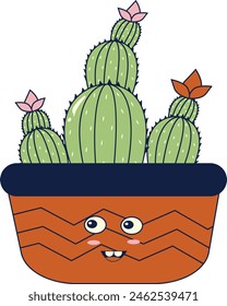 Kawaii Expression  Potted Cactus. in Cute Cartoon Design and Shapes. Isolated Vector Illustration.