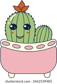 Kawaii Expression  Potted Cactus. in Cute Cartoon Design and Shapes. Isolated Vector Illustration.