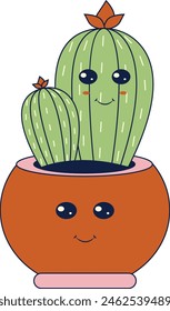 Kawaii Expression  Potted Cactus. in Cute Cartoon Design and Shapes. Isolated Vector Illustration.