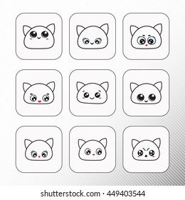 Kawaii eyes. Icon set - emotions, cute cat faces.. Set of cute cat emoticons with different expressions in simple style.
