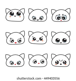 Kawaii eyes. Icon set - emotions, cute cat faces.. Set of cute cat emoticons with different expressions in simple style.