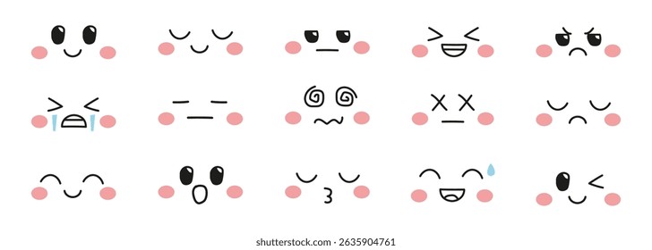 Kawaii enfrenta emojis. Emoções de sorrisos bonitos Kawaii. Vetor