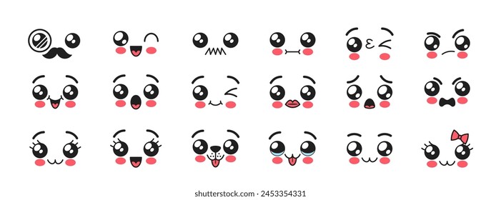 Kawaii Face Emojis, Adorable And Expressive Cute Boy or Girl, Animals, Pets Like Cat or Dog, Muzzles With Big Round Eyes