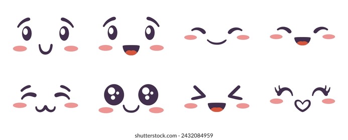 Kawaii face expressing emotion and mood collection. Flat hand drawn vector illustrations set in comic manga or anime style.