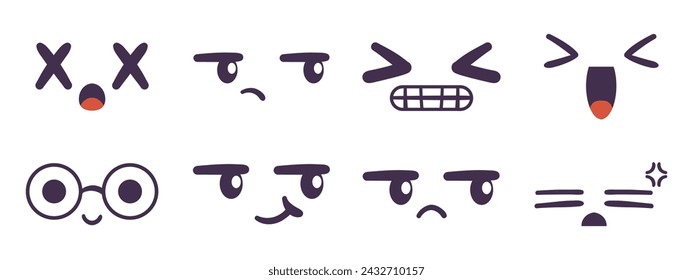 Kawaii face expressing emotion and mood collection. Flat hand drawn vector illustrations set in comic manga or anime style.