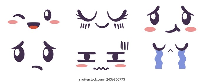 Kawaii face expressing emotion and mood collection. Flat hand drawn vector illustrations set in comic manga or anime style.