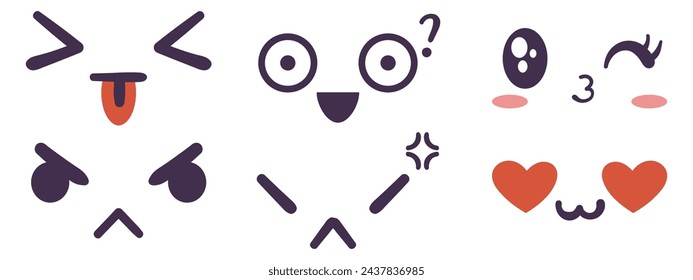 Kawaii face expressing emotion and mood collection. Flat hand drawn vector illustrations set in comic manga or anime style.