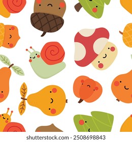kawaii face fruit and vegetable seamless pattern, background vector