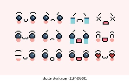 Kawaii face pixel art set. Cute emotions, expressions collection. 8 bit sprite. Game development, mobile app.  Isolated vector illustration.