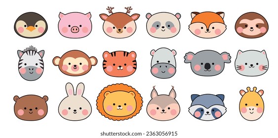 Kawaii faces animal avatars. Cute animals icons, zoo asian style cartoon characters. Funny chinese or korean stickers nowaday vector set