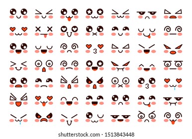 Kawaii faces. Cute cartoon emoticon with different emotions. Funny japanese emoji with eyes and mouth, comic expressions vector characters anime portrait isolated set