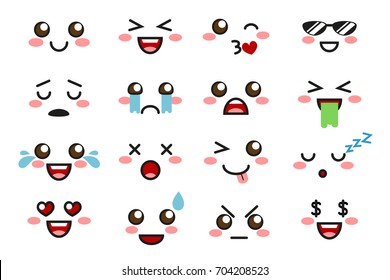 Kawaii faces expression set. Kawaii emoji. Cute emoticons. Vector illustration isolated on vhite background