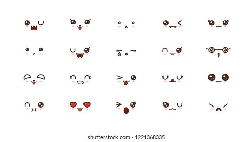 Kawaii faces expressions cute smile emoticons. Japanese emoji