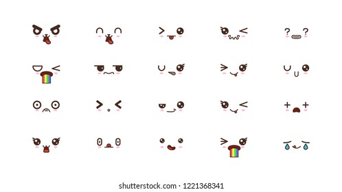 Kawaii faces expressions cute smile emoticons. Japanese emoji