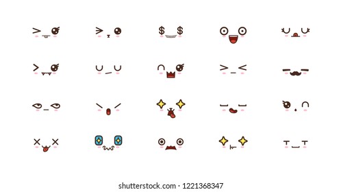 Kawaii faces expressions cute smile emoticons. Japanese emoji