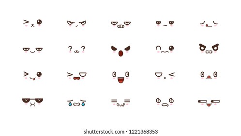 Kawaii faces expressions cute smile emoticons. Japanese emoji