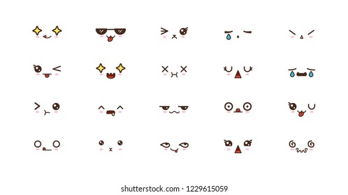 Kawaii faces expressions cute smile emoticons. Japanese emoji