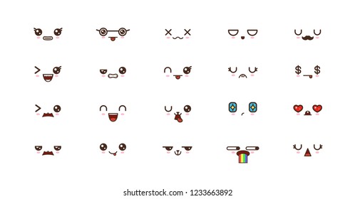 Kawaii faces expressions cute smile emoticons. Japanese emoji