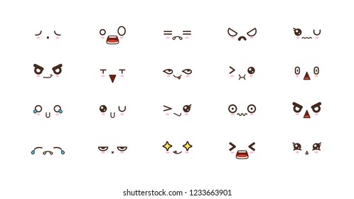 Kawaii faces expressions cute smile emoticons. Japanese emoji
