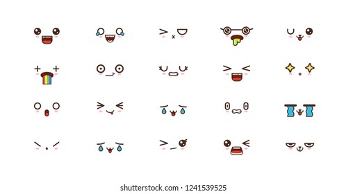 Kawaii faces expressions cute smile emoticons. Japanese emoji