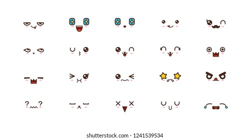 Kawaii faces expressions cute smile emoticons. Japanese emoji