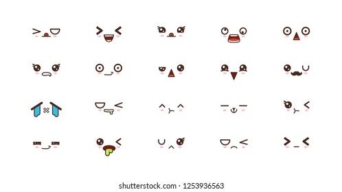 Kawaii faces expressions cute smile emoticons. Japanese emoji