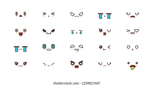 Kawaii faces expressions cute smile emoticons. Japanese emoji
