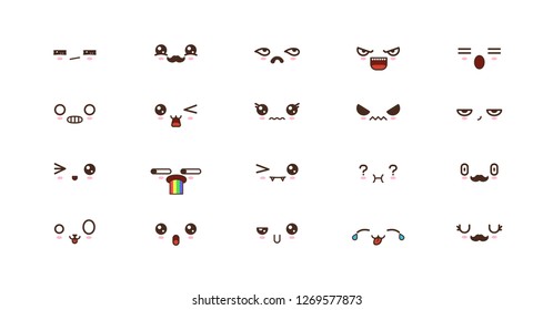 Kawaii faces expressions cute smile emoticons. Japanese emoji