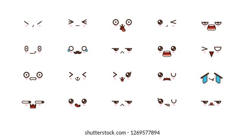 Kawaii faces expressions cute smile emoticons. Japanese emoji