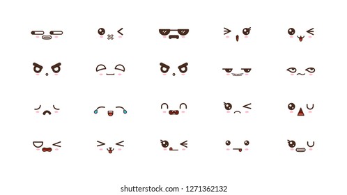 Kawaii faces expressions cute smile emoticons. Japanese emoji