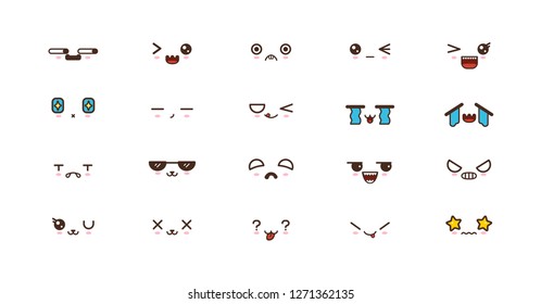 Kawaii faces expressions cute smile emoticons. Japanese emoji