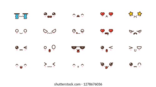 Kawaii faces expressions cute smile emoticons. Japanese emoji