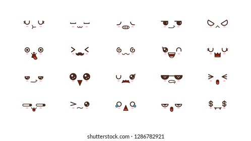 Kawaii faces expressions cute smile emoticons. Japanese emoji