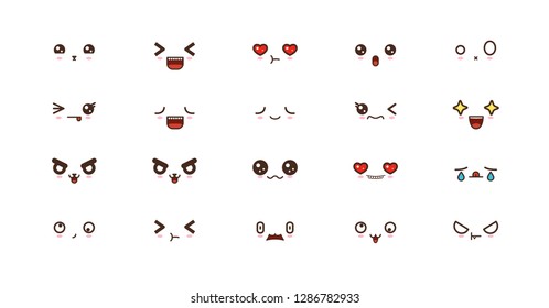 Kawaii faces expressions cute smile emoticons. Japanese emoji