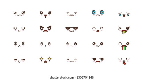 Kawaii faces expressions cute smile emoticons. Japanese emoji