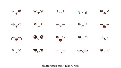 Kawaii faces expressions cute smile emoticons. 