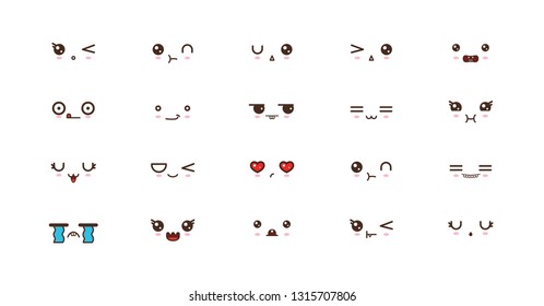 Kawaii faces expressions cute smile emoticons. 