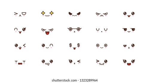Kawaii faces expressions cute smile emoticons. Japanese emoji