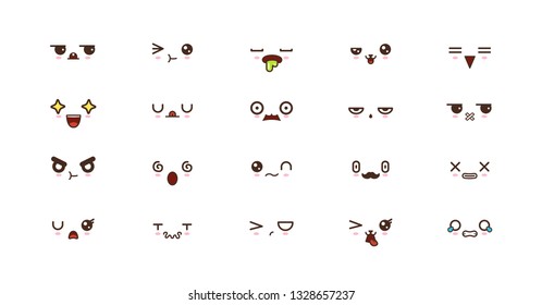 Kawaii faces expressions cute smile emoticons. Japanese emoji