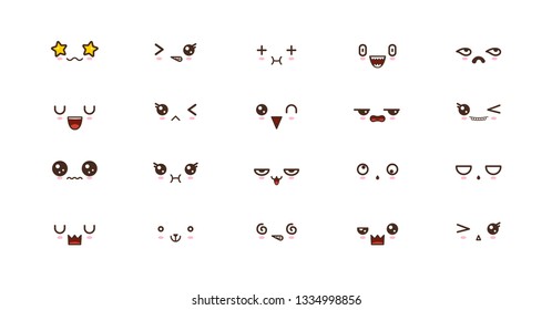 Kawaii faces expressions cute smile emoticons. Japanese emoji