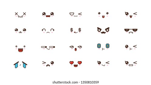 Kawaii faces expressions cute smile emoticons. Japanese emoji