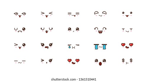 Kawaii faces expressions cute smile emoticons. Japanese emoji