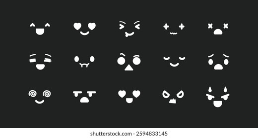 Kawaii faces icon set. Cute chibi faces. Kawaii anime facial expressions, manga style face emotions and big eyed character eyes, mouth and eyebrows. Asian cartoon emotes vector set.