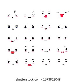 Kawaii Faces Vector Illustration. Cute Faces Kawaii Characters isolated in White Background. Emoticons