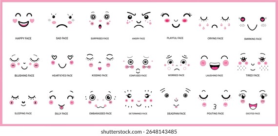 Kawaii Facial Expression Icon Set – Cute Cartoon Emoji Faces with Blush and Emotion