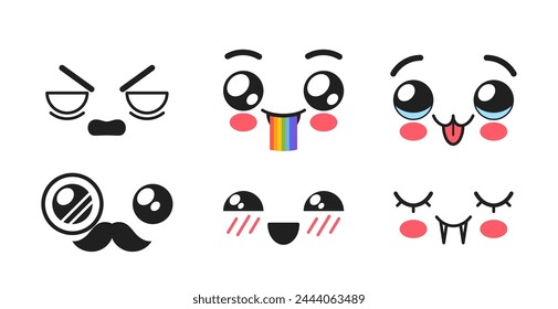 Kawaii Facial Expressions, Emojis Set. Angry, Bloat With Rainbow, Smile, Mustached Gentleman With Monocle