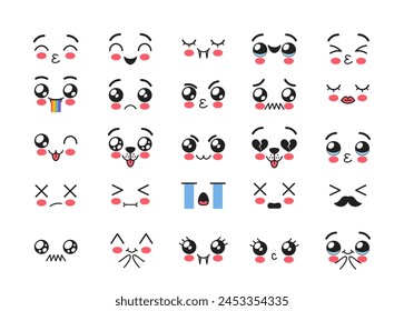 Kawaii Facial Expressions, Emojis Set. Angry, Bloat with Rainbow, Smile, Mustached Gentleman, Shy and Vampire