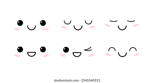 Expresiones faciales kawaii de alegría, felicidad, calma, paz. Ilustración vectorial de emociones positivas simples con carácter de ojos y boca.