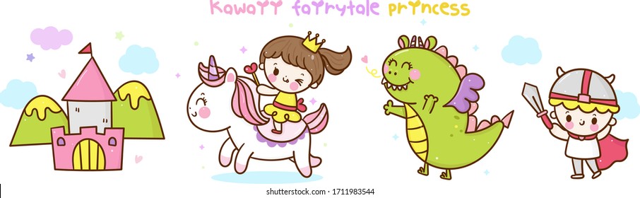 Colección de cuento de hadas Kawaii Caricatura del castillo de dragón infantil Cute Unicorn vector pony child princess dragon. Serie: Un animal mágico soñado. Bebés en la pared de la guardería, caracter de caballo, garabatos de niñera, dibujados a mano. Perfecto para niños.