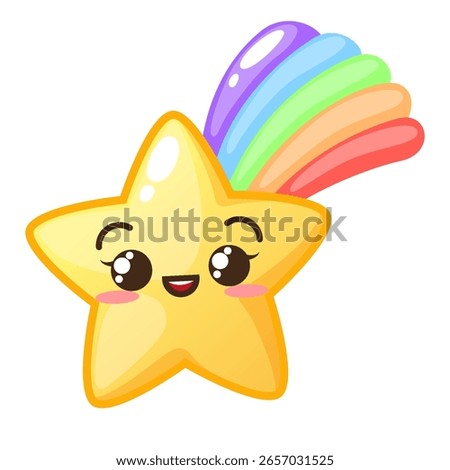Kawaii falling star character with rainbow tail. Cute cartoon kids icon. Vector illustration isolated on white background